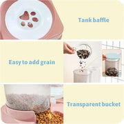 Automatic cat feeder and water dispenser with tilted design, featuring tank baffle, easy grain addition, and transparent bucket.