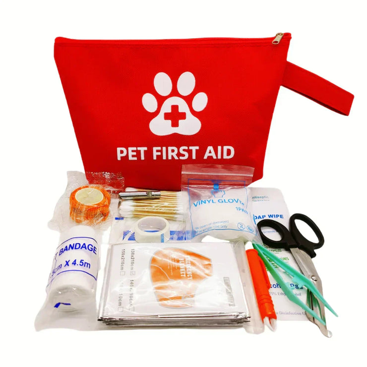 Reflective pet emergency travel kit with first aid supplies for dogs and cats.