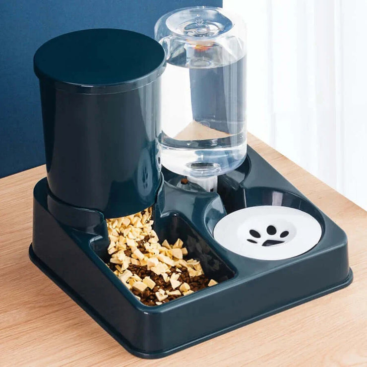 2-in-1 automatic cat feeder and water dispenser with tilted design.