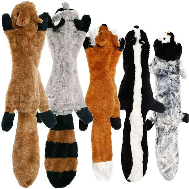 Durable stuffingless squeaky dog chew toys in various animal designs.