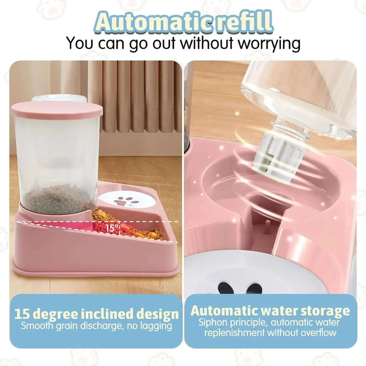 2-in-1 automatic cat feeder and water dispenser with tilted design, pink, offering smooth grain discharge and automatic water storage.