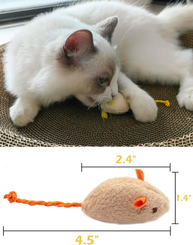 Cat playing with catnip mouse toy set with dimensions and rattle feature.