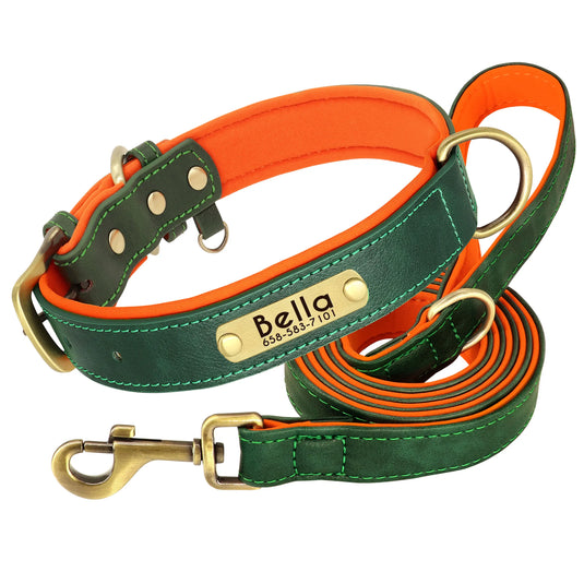 Personalized Leather Dog Collar & Leash Set with Engraved Nameplate
