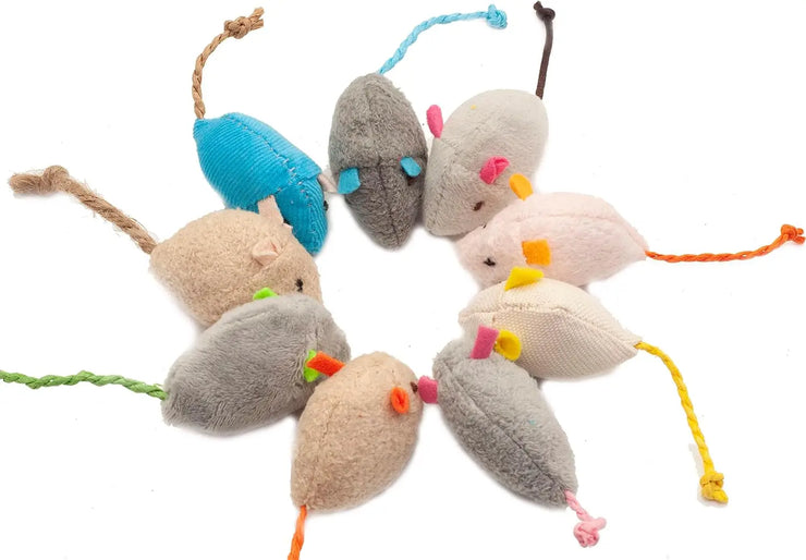 Catnip Mouse Toy Set with rattle for cats, colorful faux fur mice.