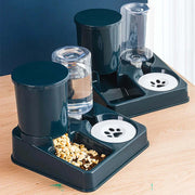 2-in-1 automatic cat feeder and water dispenser with tilted design on a wooden surface.