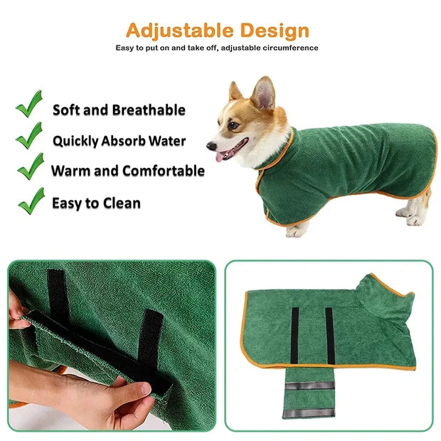 Quick-Dry Pet Bathrobe for dogs and cats, made from ultra-absorbent microfiber, soft and adjustable for easy drying and comfort.