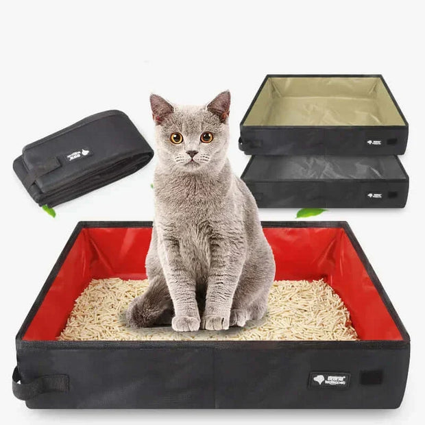 Portable folding travel pet litter box with cat, lightweight and compact design, water-resistant material.