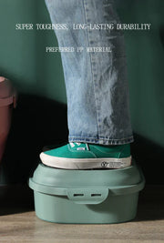 FlexiStore food storage container demonstrating durability with a person standing on top, highlighted features include foldable design and insect-proof seal.