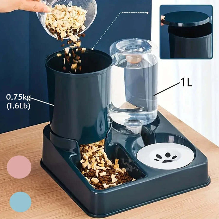 2-in-1 automatic cat feeder and water dispenser with tilted design for easy pet access.