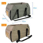 Nonslip Pet Travel Booster Seat for cars in gray and khaki, dimensions displayed.