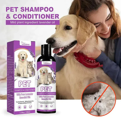 Pet hair softening shampoo pet shower gel for silky coat and mite removal, featuring lavender oil.