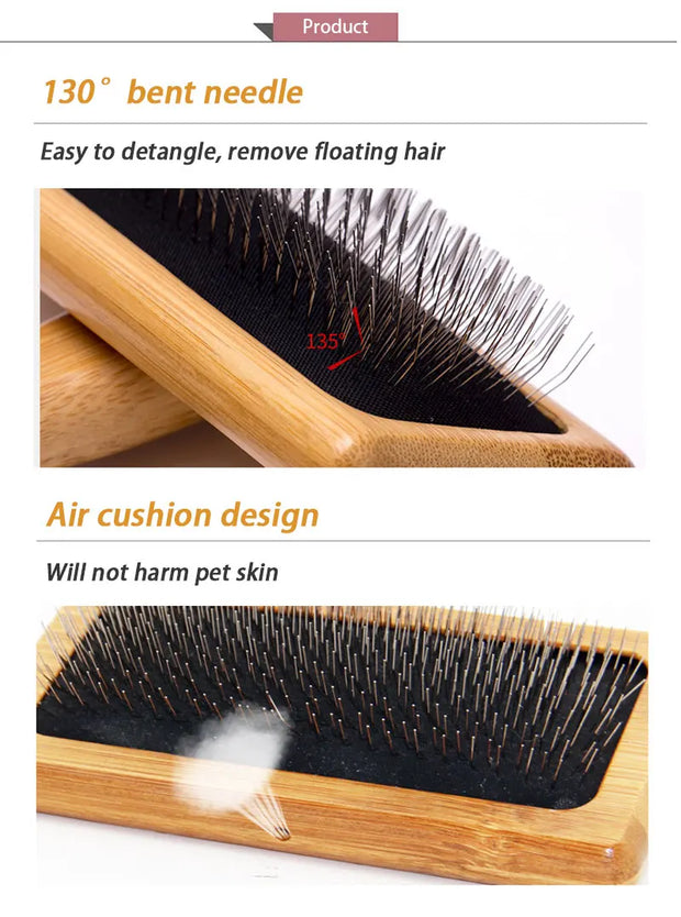 Eco-friendly bamboo pet grooming brush with bent needle design and air cushion for gentle pet care.