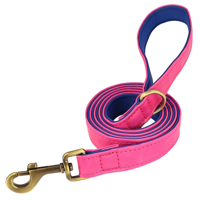 Load image into Gallery viewer, Personalized Leather Dog Collar &amp; Leash Set with Engraved Nameplate
