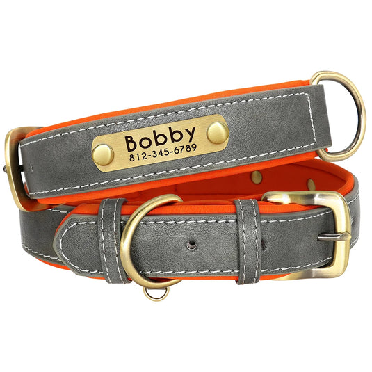 Personalized Leather Dog Collar & Leash Set with Engraved Nameplate