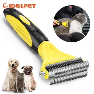 Pet grooming brush for dogs and cats, removes knots and tangles, stainless steel bristles.