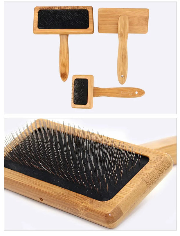 Eco-friendly bamboo pet grooming brush with soft needles for shedding and detangling.