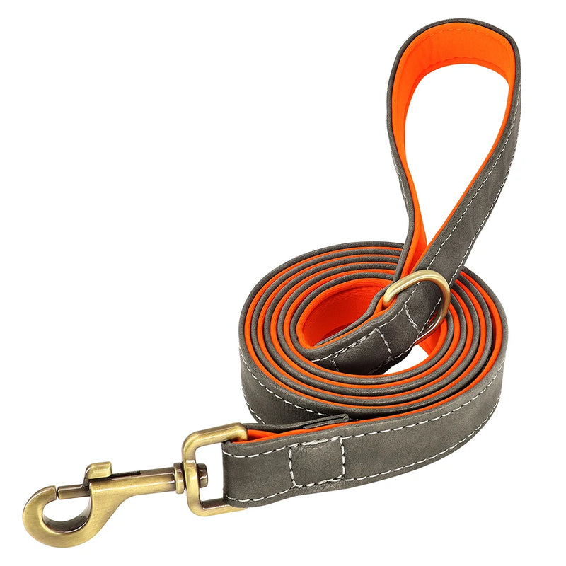 Load image into Gallery viewer, Personalized Leather Dog Collar &amp; Leash Set with Engraved Nameplate

