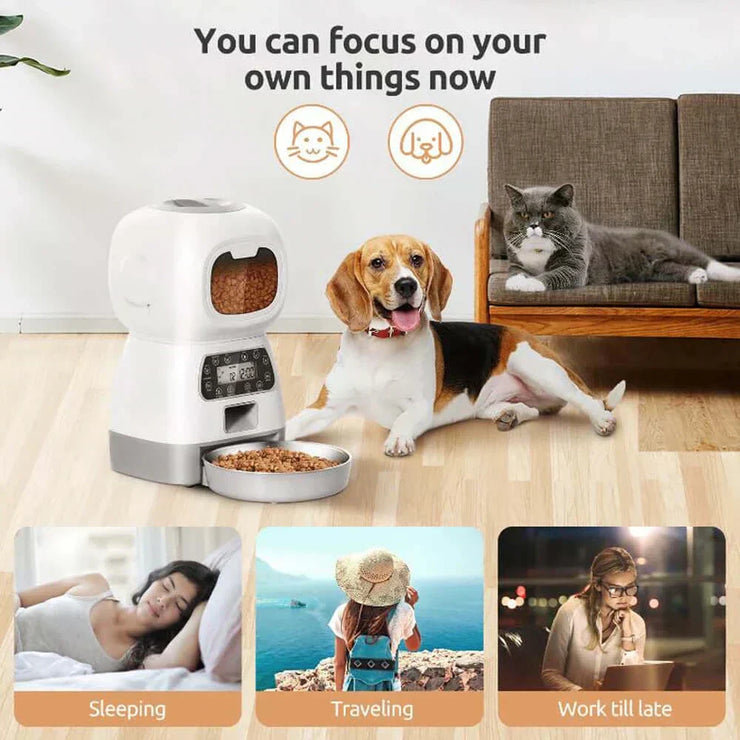 WiFi Smart 3.5L Automatic Pet Feeder with Voice Recorder and Slow Feed Mode for cats and dogs, shown with pets and user lifestyle options.