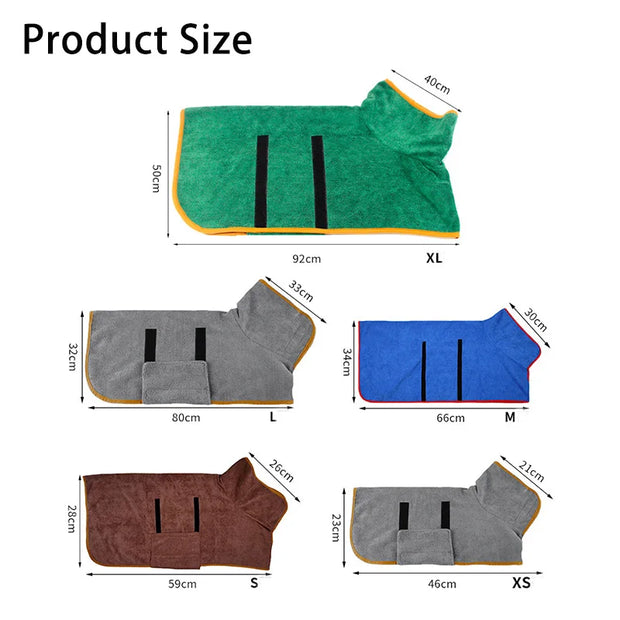 Quick-Dry Pet Bathrobe size chart for dogs and cats, featuring microfiber fabric in XS to XL sizes.