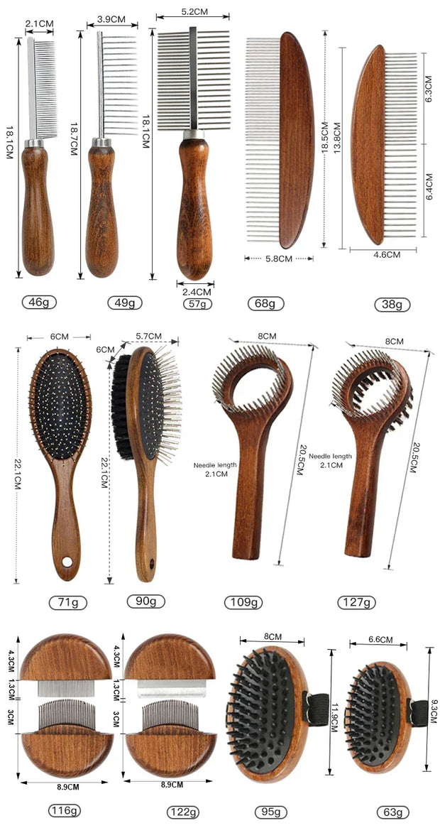 Luxury Pet Dematting Comb with wooden handle and various comb designs for grooming cats and dogs.