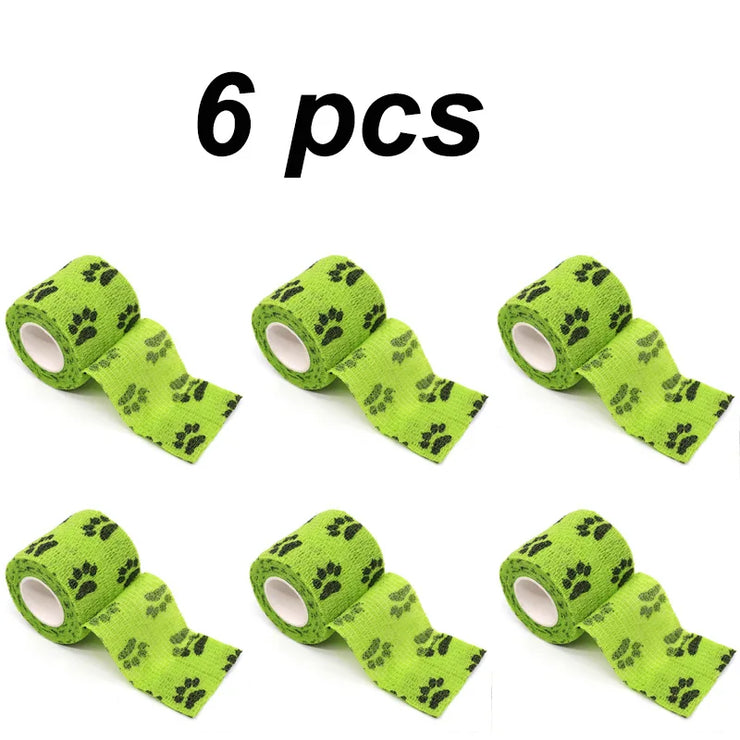 Eco-friendly pet paw wraps 6-pack, green self-adhesive bandages with paw prints.