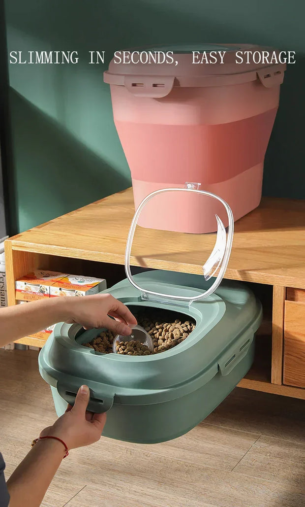 FlexiStore food storage container, insect-proof, foldable design, convenient pet food storage solution.