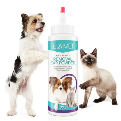 Pet ear cleaner and hair removing powder for healthy ear care.