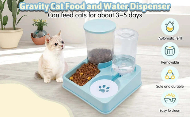 Automatic cat feeder and water dispenser with tilted design, safe and durable, automatic refill, easy to clean, suitable for 3-5 days.