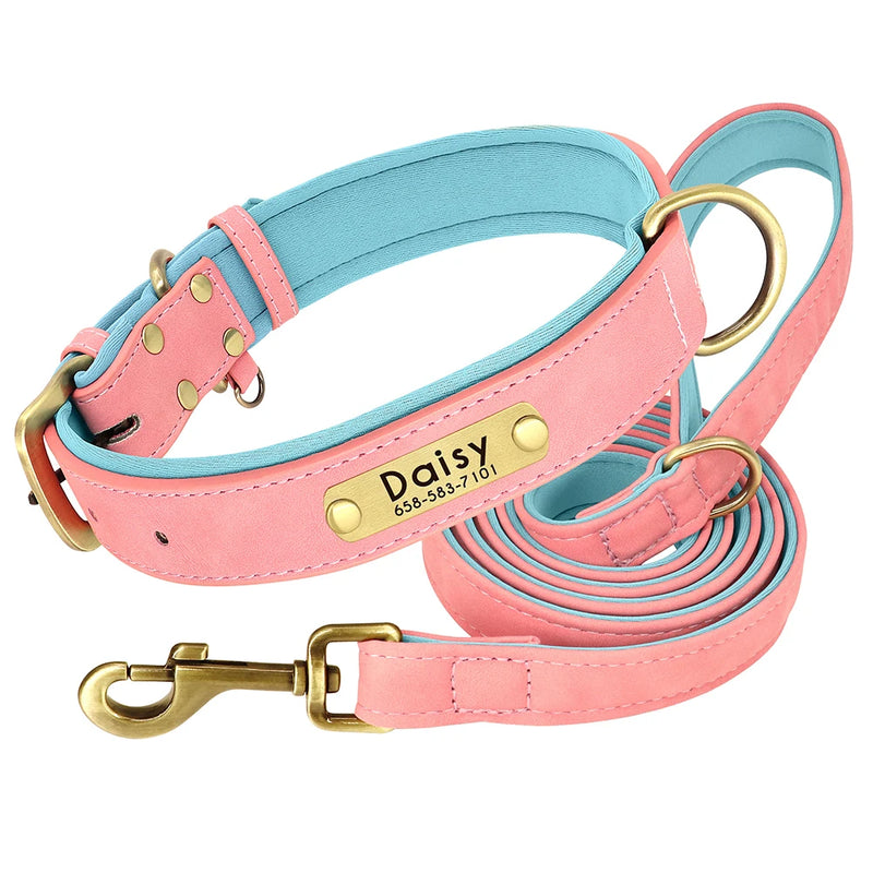 Load image into Gallery viewer, Personalized Leather Dog Collar &amp; Leash Set with Engraved Nameplate
