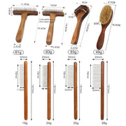 Luxury Pet Dematting Comb with customizable features, premium wood handle, and detailed measurements for effective grooming.