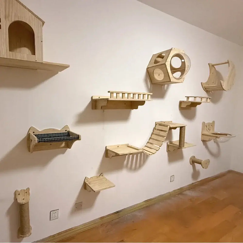 Load image into Gallery viewer, Wooden Wall-Mounted Cat Climbing Shelves &amp; Hammock
