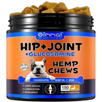 Dogs glucosamine joint pain relief treats with chondroitin and MSM supplement for mobility support.